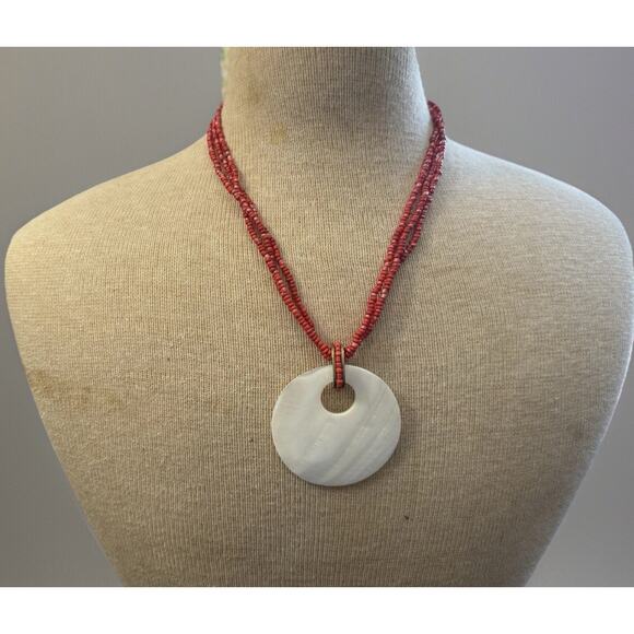 Avon Jewelry - NECKLACE VTG 3 Strand Red Coral Bead & Shell Disk Pendant 18” Plus 3” Extension